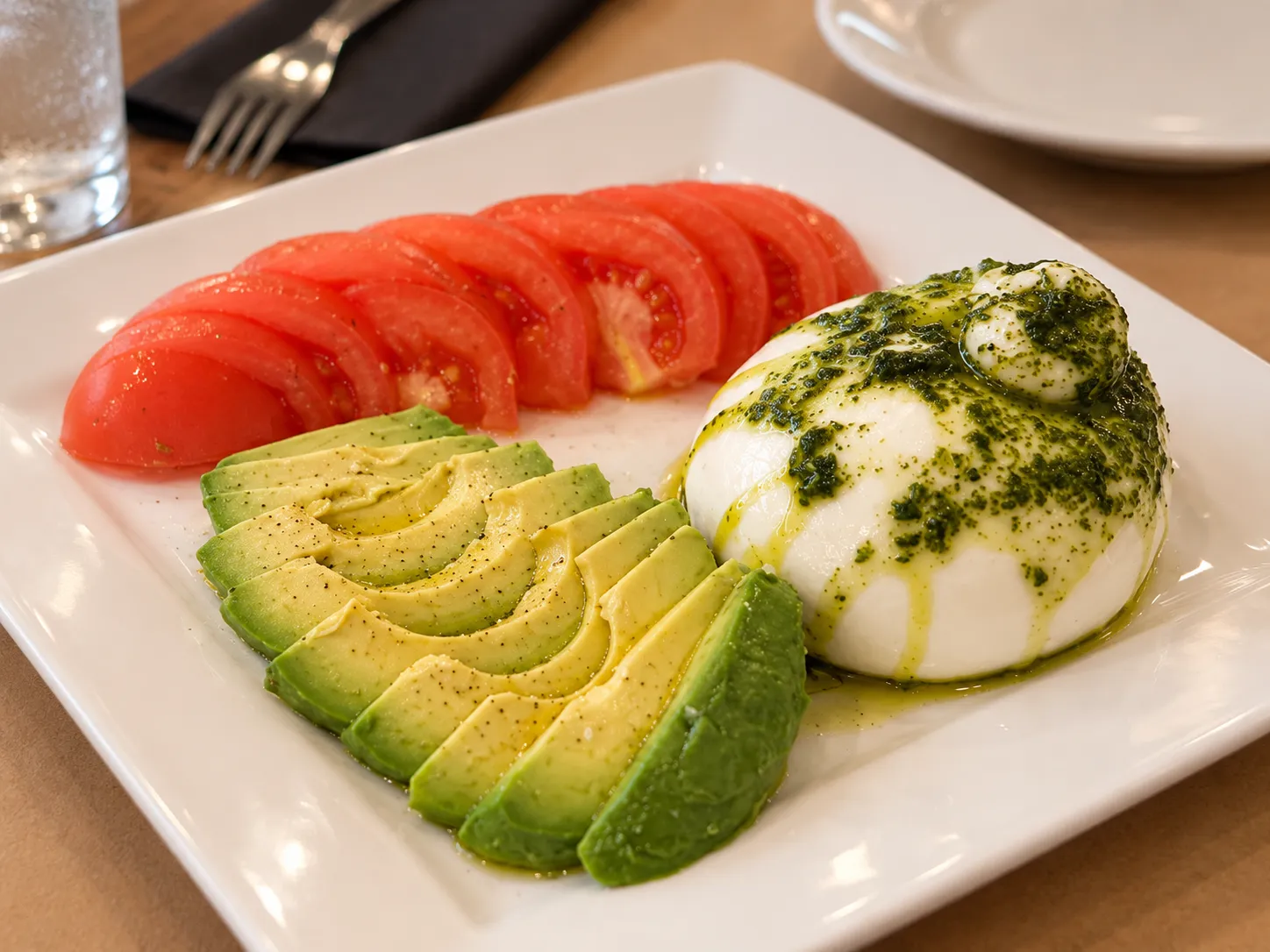 Plato de búfala con tomate, aguacate y pesto