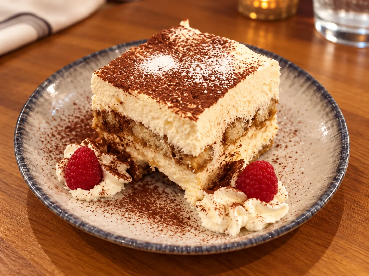 Tiramisú espolvoreado con cacao y frambuesas