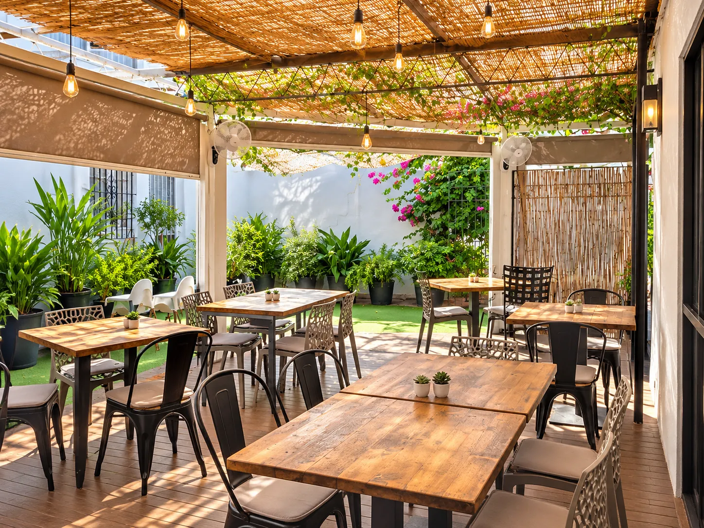 Mesas de la terraza al sol, a la sombra de los árboles
