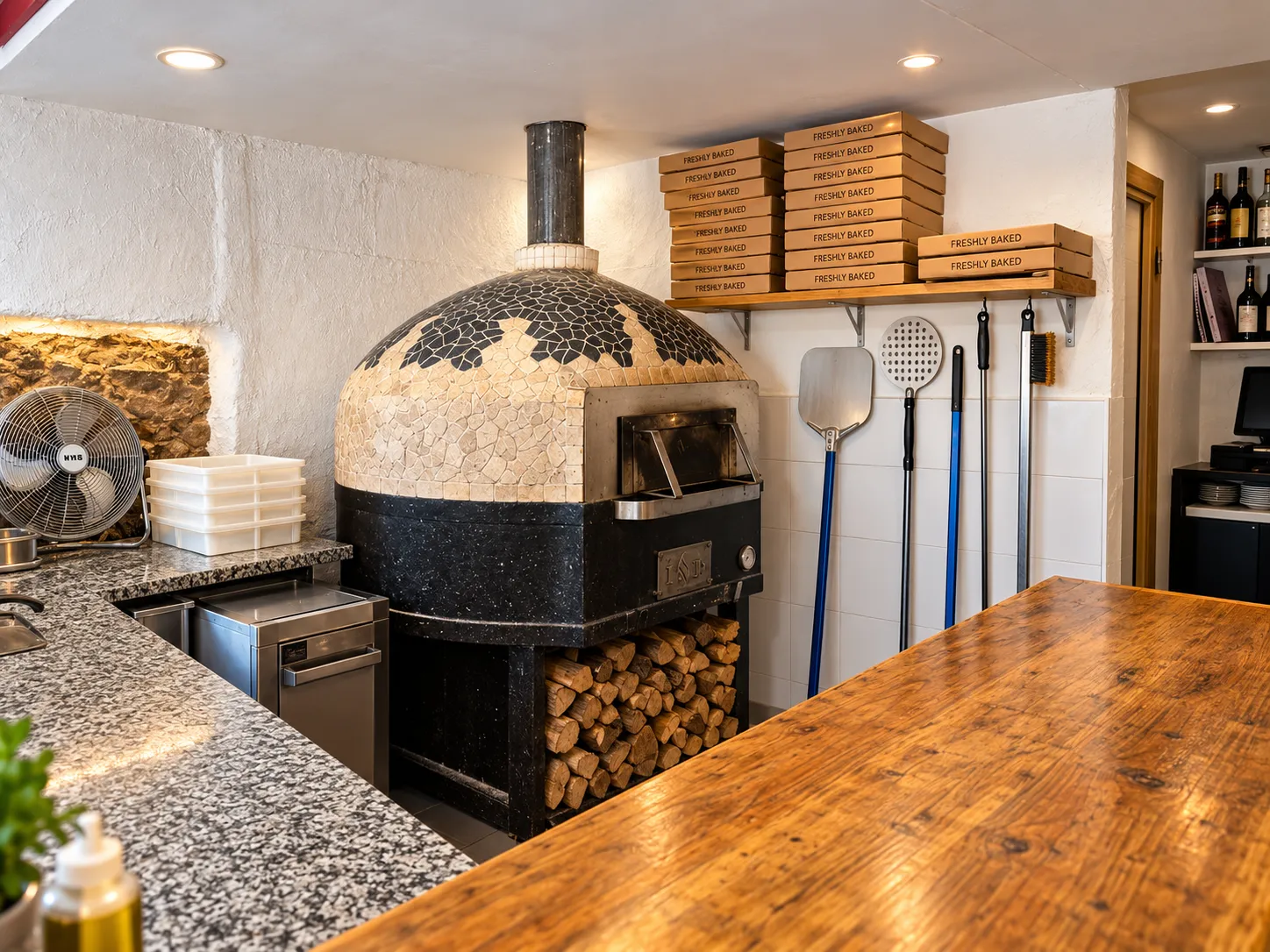 Cocina de la pizzería con el horno de leña